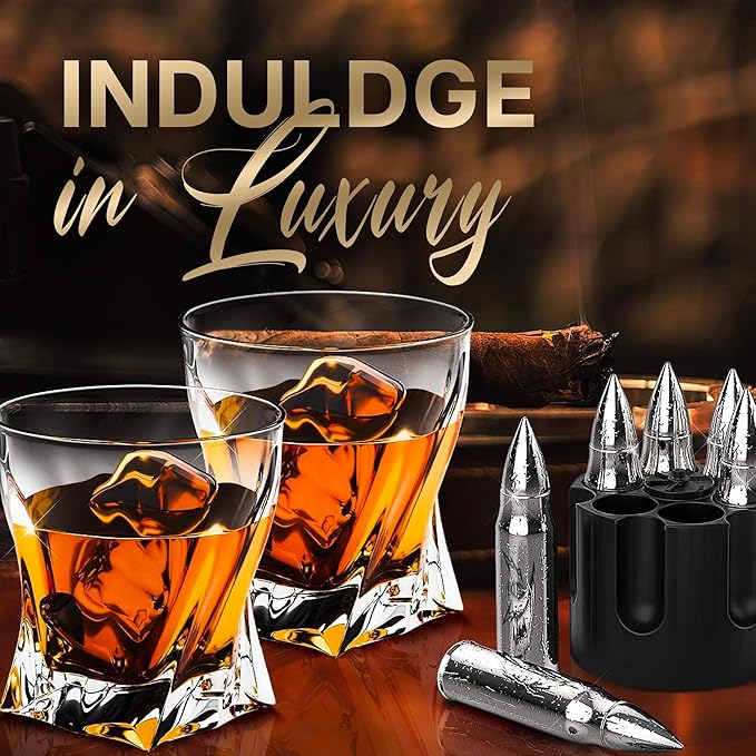 Metal Whiskey Stones - Valentines Day Gift for Him | 6 Steel Whiskey Rocks | Metal Ice Cubes to Chill Bourbon, Scotch in Your Whisky Glass - Cool Whiskey Gifts for Men, Boyfriend Valentines Day Gift