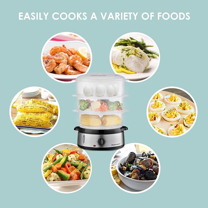 Elite Gourmet Maxi-Matic Electric Food Vegetable Steamer with BPA-Free 3 Tier Stackable, Nested Basket Trays, Auto Shut-off 60-min Timer, 800W, 9 Quart, Stainless Steel