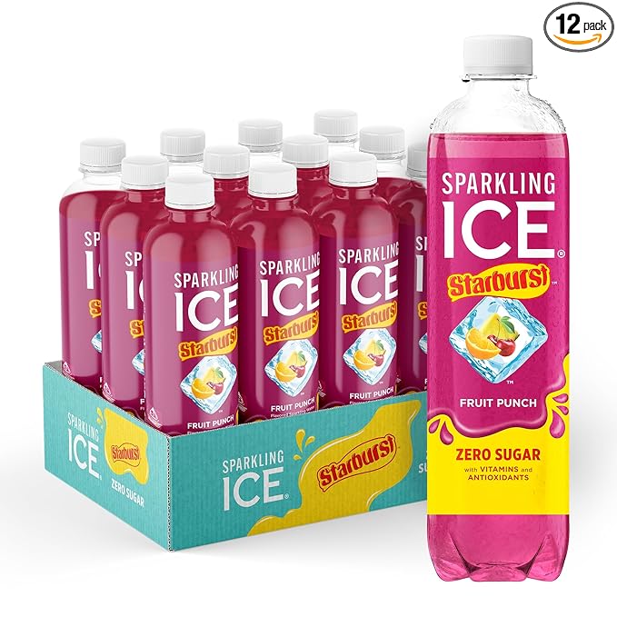 Sparkling Ice STARBURST Fruit Punch, Zero Sugar Flavored Sparkling Water, with Vitamins and Antioxidants, Low Calorie Beverage, 17 fl oz Bottles (Pack of 12)