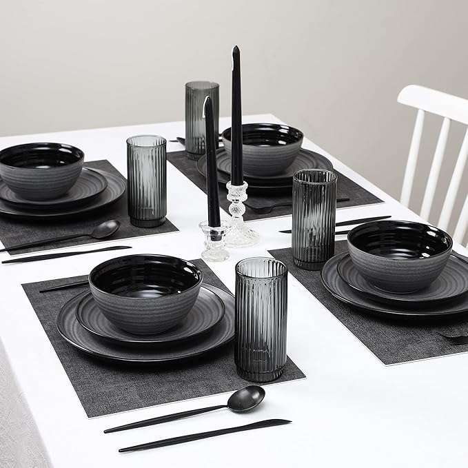 Stone Lain Dua 16-Piece Dinnerware Set Stoneware, Borosilicate Glass, Black