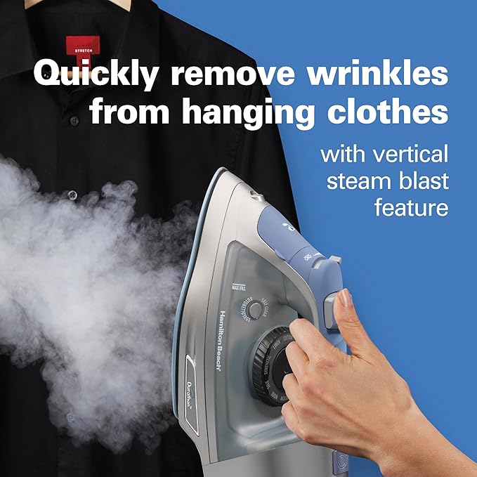 Hamilton Beach Steam Iron & Vertical Steamer for Clothes with Scratch-Resistant Durathon Soleplate, 8' Retractable Cord, 3-Way Auto Shutoff, Anti-Drip, 1800 Watts, Silver and Blue (Pack of 2)
