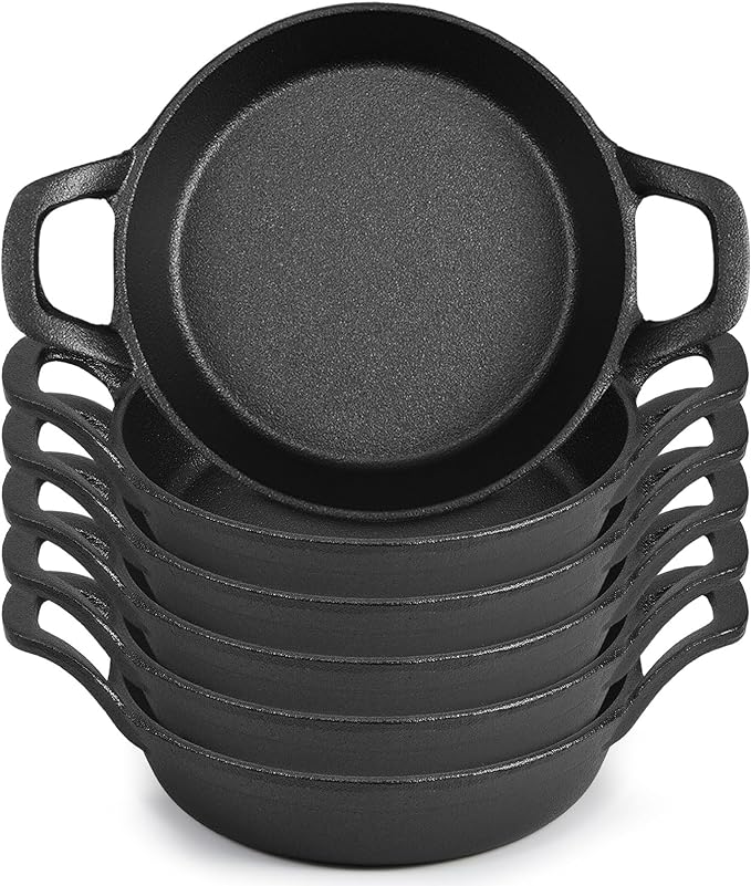 Mini Cast Iron Skillets 6.3 x 6.3 x 1.5 Inch Cast Iron Pan Small Ramekin Set Black Casserole Dish Cookware Oven Safe Mini Skillets for Kitchen Indoor Outdoor Picnic (6 Pack)