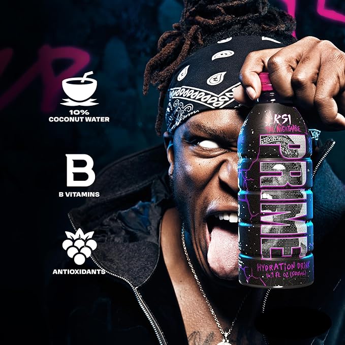 PRIME Hydration KSI THE NIGHTMARE, Sports Drinks, Electrolyte Enhanced to Replenish Fluids, 250mg BCAAs, B Vitamins, Antioxidants, Low Sugar, 16.9 Fluid Ounce, 12 Pack