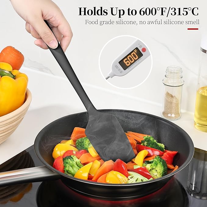 600ºF Heat Resistant Spatula, 11.34 inch High Heat Food Safe Semless Kitchen Silicone Scraper for Cooking Baking Mixing Scraping Stirring Nonstick Cookware Pan Bowl (Black)