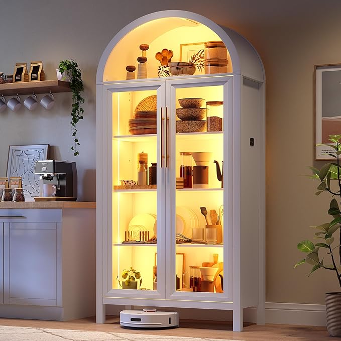 Arched Kitchen Pantry Cabinet with Glass Doors, Display Curio Case with 3 Color LED Lights for Collectibles, Modern 5-Tier Storage Hutch Cabinet, White
