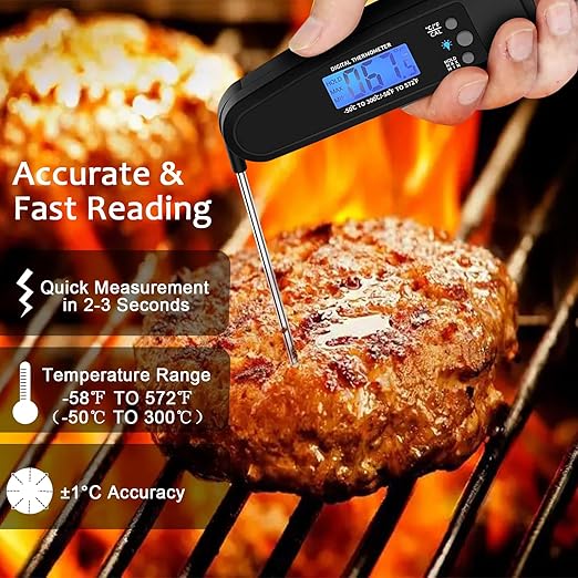 Meat Thermometer Digital, IP67 Waterproof Cooking Thermometer with Backlight & Hold Function, Instant Read Food Thermometer for Cooking, Outdoor Grilling, Candy Making (Black)