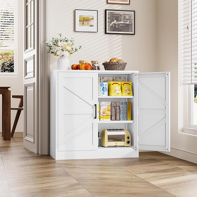 White Storage Cabinet with Doors and Adjustable Shelves,36" Farmhouse Food Pantry Cabinets,Small Sideboard Cabinet,Short Metal Storage Cabinets for Home Kitchen,Dining/Living/Laundry/Room