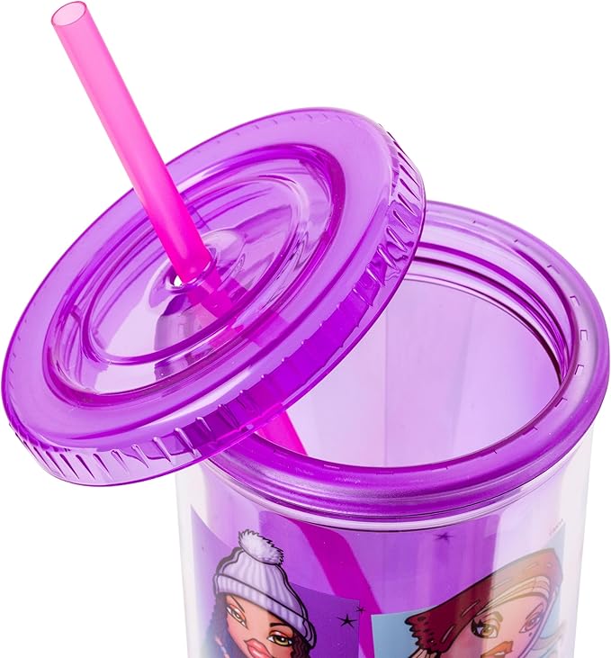 Silver Buffalo Bratz Grid Featuring Cloe, Yasmin, Jade, and Sasha Plastic Tall Cold Cup with Lid and Straw, 20 Ounces