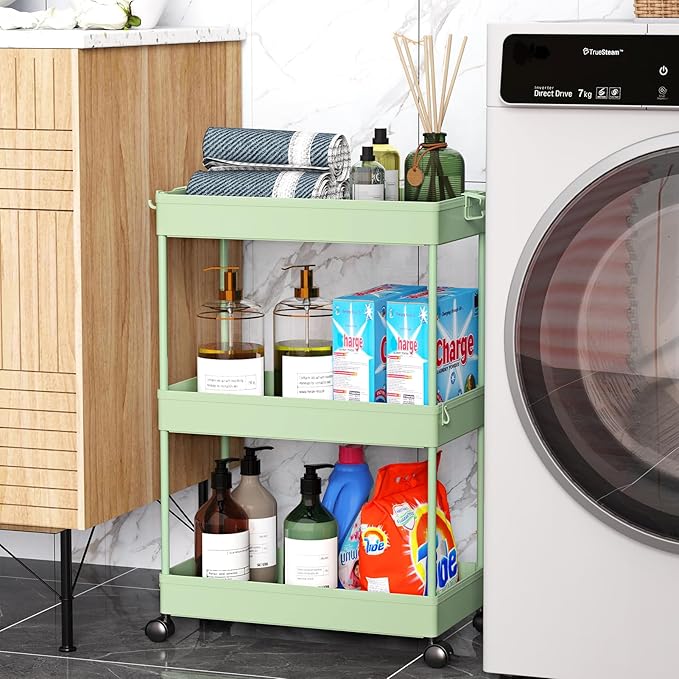 SPACEKEEPER Rolling Storage Cart 3 Tier, Bathroom Cart Organizer Laundry Room Organizer Utility Cart Mobile Shelving Unit Multi-Functional Shelves for Office, Kitchen, Bathroom, Green, SPKSC302GN