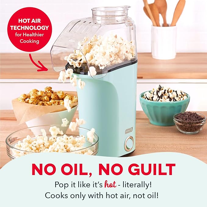 DASH Hot Air Popcorn Popper Maker with Measuring Cup to Portion Popping Corn Kernels + Melt Butter, 16 Cups - Aqua