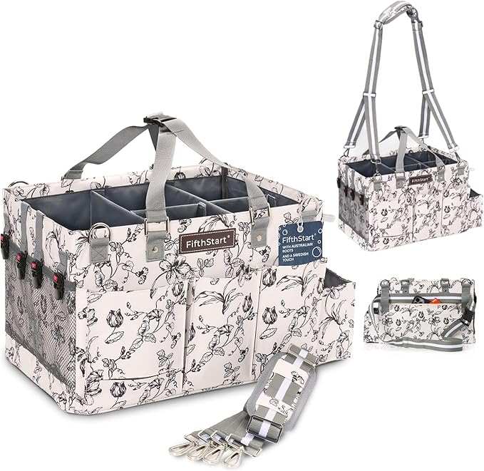 FifthStart Multiuse Cleaning Caddy with Waist & Shoulder Strap - Diaper Caddy & Beach Bag - 9 Pockets & Mesh Base - Adjustable Compartments (Black, Small) - Cleaning Supplies Organizer Bag