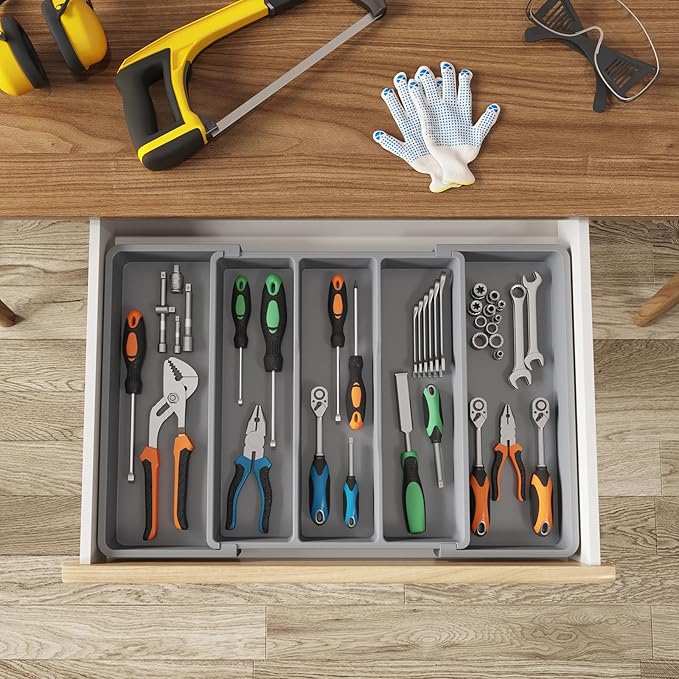 Lifewit Plastic Utensil Organizer for Kitchen Drawers, Expandable 13 to 22.4 Inches Wide, Adjustable Cutlery Silverware Flatware Holder, Kitchen Spatula Tools and Gadgets Storage Divider, Large, Gray