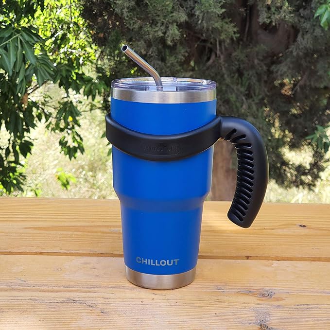 Stainless Steel Travel Mug with Handle 30 oz - 6 Piece Set. Tumbler with Handle, Straw, Cleaning Brush & 2 Lids. Double Wall Insulated Large Coffee Mug Bundle - Royal Blue Powder Coat Tumbler