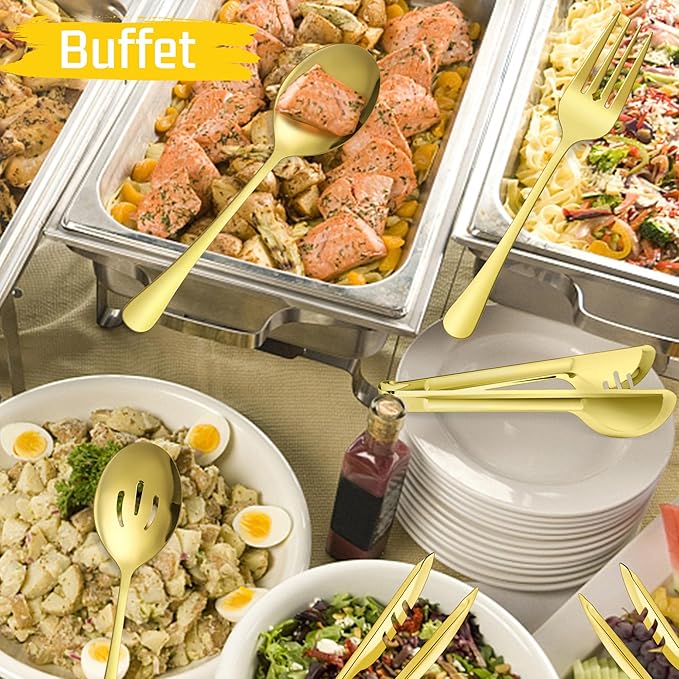 Large Gold Serving Utensils Set of 12, E-far Stainless Steel 9.8 Inch Serving Spoons Slotted Spoon, 9.9 Inch Forks, 9.4 Inch Tong for Buffet Catering, Mirror Finish & Dishwasher Safe