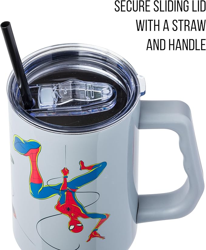 Silver Buffalo Marvel Spiderman Stainless Steel Tumbler with Handle Featuring Spider-Gwen, Miles Morales, and Spiderman, Fits In Standard Cup Holder, 40 Ounces