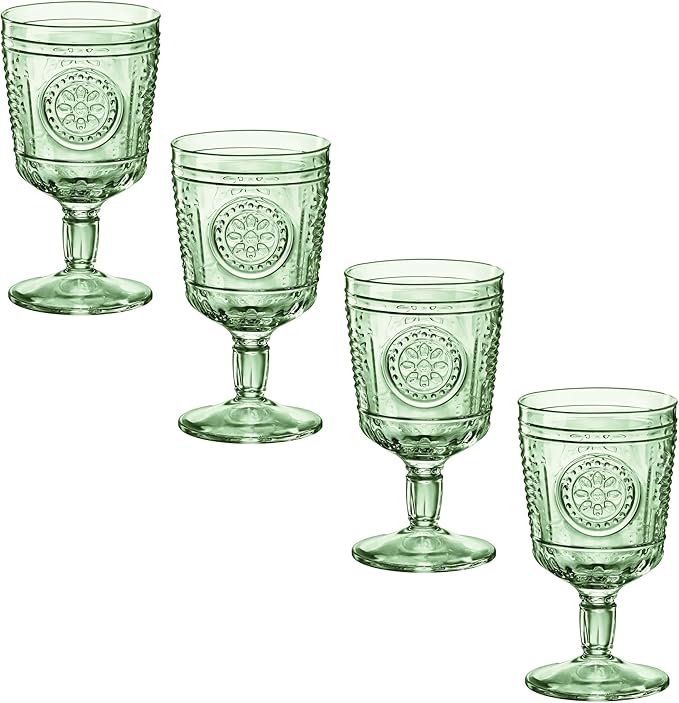 Bormioli Rocco Romantic Set Of 4 Stemware Glasses, 10.75 Oz. Colored Crystal Glass, Pastel Green, Made In Italy.