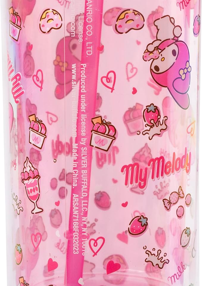 Silver Buffalo Sanrio Hello Kitty and Friends My Melody Strawberry Donut and Milkshake Pattern Plastic Cold Cup with Lid and Straw, 20 Ounces