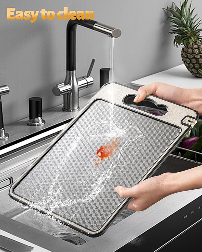Stainless Steel Cutting Board for Kitchen, Non Toxic Large Chopping Board Double Sided Non-slip Scratch-resistant Mesh Design with Juice Groove Food-Grade Wheat Straw PP 15×10 In Easy to Clean
