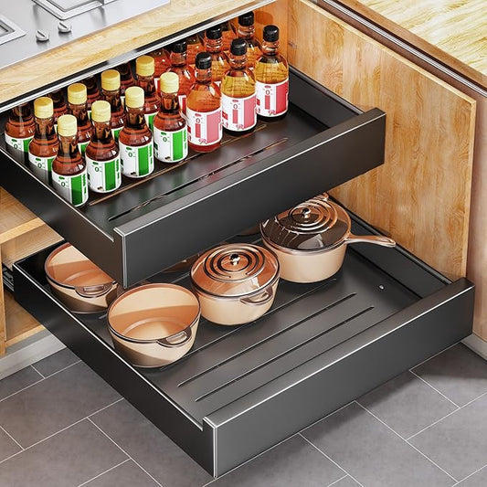 Pull out Cabinet Organizer, 21"Deep, 11.8"Wide Full-Extension Heavy Duty Slide out Drawers with Nano Adhesive, Roll Out Shelves Sliding Cabinet for Kitchen, Bathroom, Pantry,Under Sink Storage(Black)