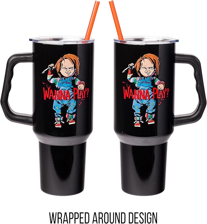 Silver Buffalo Chucky Holding Knife Wanna Play Spooky Scary Stainless Steel Tumbler with Handle and Straw, Fits in Standard Cup Holder, 40 Ounces