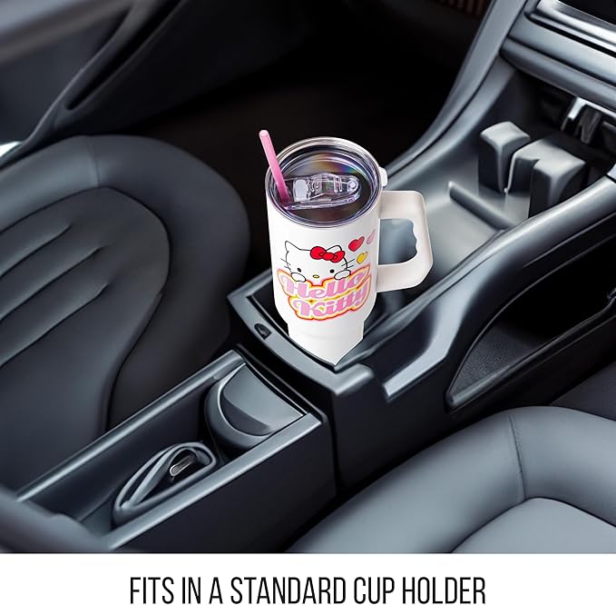 Silver Buffalo Sanrio Hello Kitty Name and Hearts Stainless Steel Tumbler with Handle and Straw, Fits in Standard Cup Holder, 40 Ounces