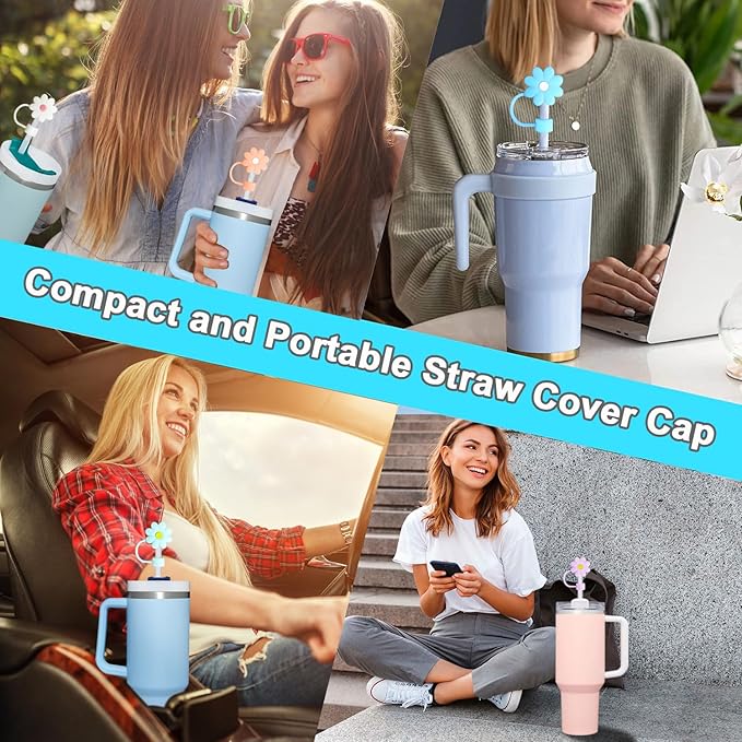 Straw Covers Cap Fit for Stanley Cup, 8Pcs Silicone Flower Straw Toppers Compatible for Stanley 30&40 Oz Tumbler, 10mm Drinking Straw Tip Covers Fit for Stanley Cups Accessories