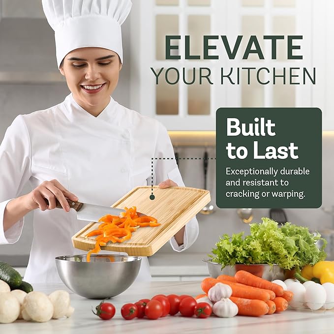 Bambüsi Wood Cutting Boards for Kitchen - Bamboo Cutting Board Set with Deep Juice Groove & Side Handles - Chopping Board Butcher Block for Meat, Vegetables, Charcuterie, Cheese, Serving, or Meal Prep