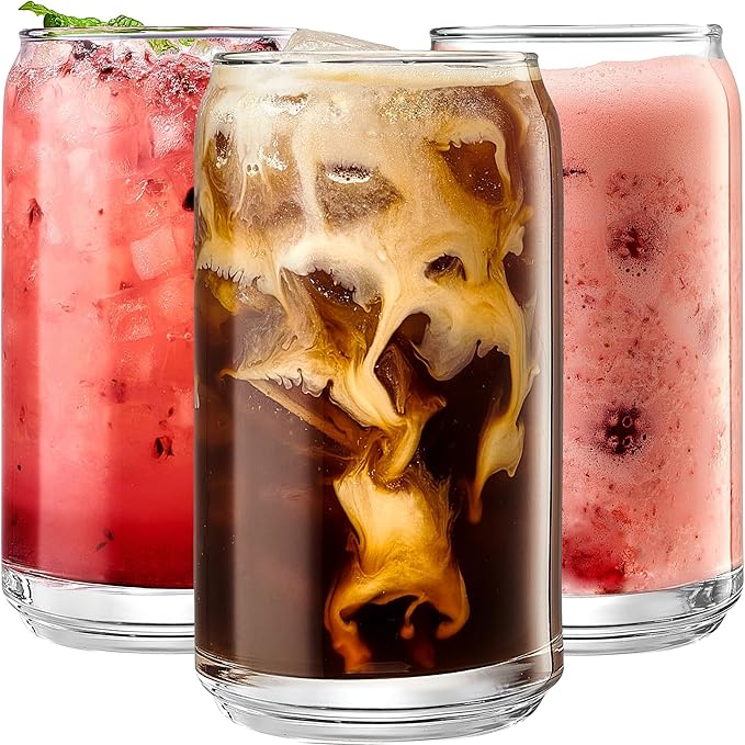 Le'raze Set of 6 Can Shaped Margarita Drinking Glasses Goblet - 16oz Clear Cups for Cocktails, Iced Coffee, Tea, Soda, Whiskey and Beer