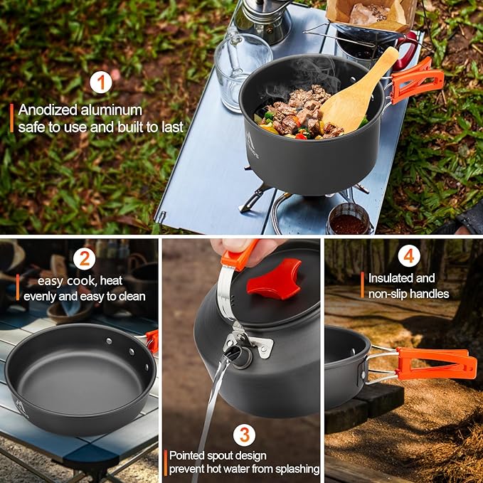 17pcs Camping Cookware Kit, 0.45Gal Pot, 7inches Pan,0.30Gal Kettle Set with 2 Set Stainless Steel Cups Plates Forks Knives Spoons for Hiking