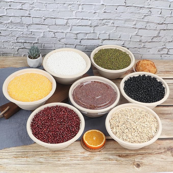 33 oz Disposable salad bowls with lids, Sugarcane Fiber Paper Bowls take away food containers Plant Fibers Freezer Safe 50 Pack