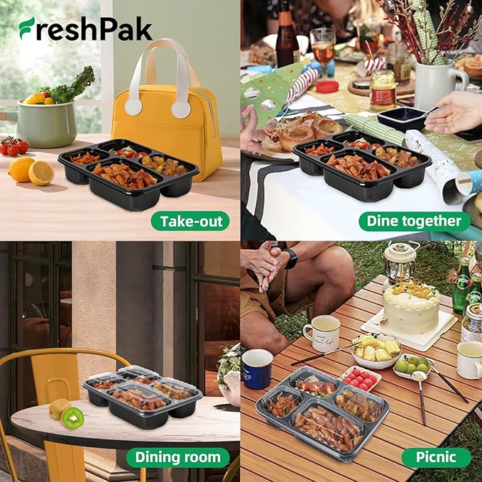 Meal Prep Container Reusable 40 Pack 34oz - Shrink Wrap Leakproof | Portion Control Leftover Plastic Food Containers with Lid | BPA Free Freezer & Microwave Safe | 4 Compartment Takeout Boxes