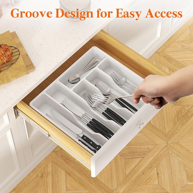 Lifewit Silverware Organizer with Lid, Covered Utensil Tray for Kitchen Drawer and Countertop, Plastic Cutlery and Flatware Storage Box for Spoons Forks Knives Holder Case, 6 Compartments, White