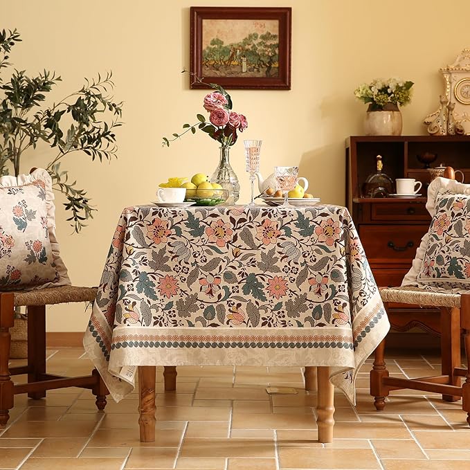 ISAENNE Designer Boho Floral Table Cloth for Rectangle Table,Linen Lotus Flower Pattern Colorful Tablecloth,Durable Decor Tablecloths for Dining Thanksgiving Kitchen Christmas,55"*79"-Hazel A