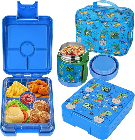 Bento Lunch Box Set for Kids with 10oz Soup Thermo, Leak-Proof Lunch Containers with 4 Compartment, Kids Thermo Hot Food Jar and Insulated Lunch Bag for Kid to School,BPA-Free(Dragon)