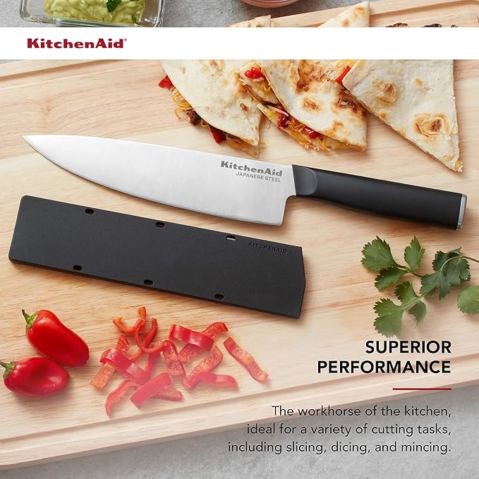 KitchenAid Classic Chef Knife with Custom-Fit Blade Cover, 8-inch, Sharp Kitchen Knife, High-Carbon Japanese Stainless Steel Blade Blade, Black