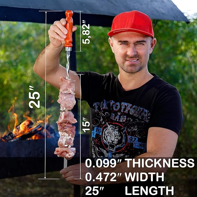 Premium BBQ Skewers with Wooden Handles 25" Shish Kabob Skewers Stainless Steel Long & Reusable Kabob Sticks Barbecue Skewers for Grilling Set of 10 Piece (10, 25 Inches)