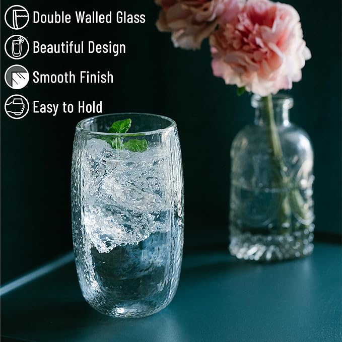 BTaT- Double Wall Glass Coffee Mugs, 4 Pack, 12 oz(350 ml), Double Glass Coffee Cups, Dotted Double Walled Glasses, Latte Glasses