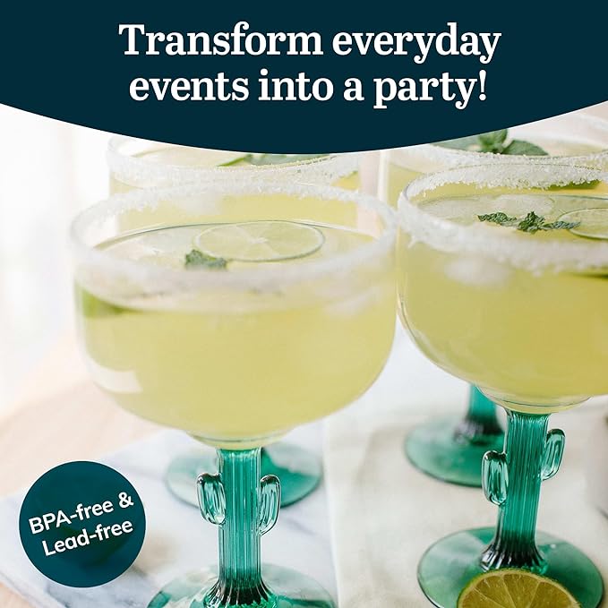 Libbey Cactus Margarita Glasses Set of 4, Durable Green Stemmed Cocktail Glasses, Lead-Free Cactus Glassware, Unique Plant Themed Frozen Margarita Glasses, 16-Ounce