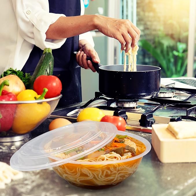 POPMISOLER 150 Pcs Stackable Meal Prep Bowl Containers, Food Takeout Bowls Reusable,Black Disposable Meal Prep Bowls With Lids. (24oz-transparent)