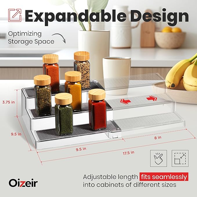 Expandable Spice Organizer Rack - 3-Tier - Clear Adjustable Tiered Shelf Spices Organization for Kitchen Cabinet and Pantry Storage