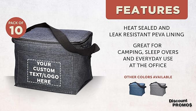 Custom Insulated Cooler Lunch Bag Set of 10, Personalized Bulk Pack - Perfect for Work, Travel, Outdoor Events - Black