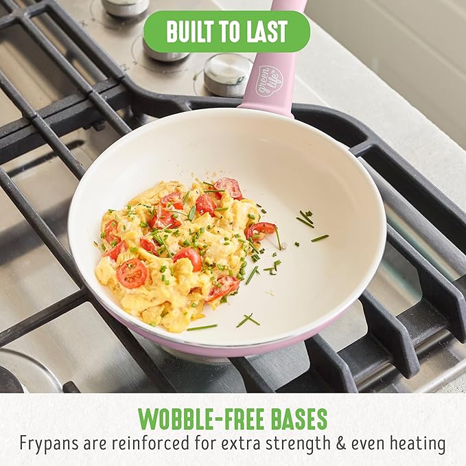 GreenLife Soft Grip Healthy Ceramic Nonstick, 12" Frying Pan Skillet with Lid, PFAS-Free, Dishwasher Safe, Pink