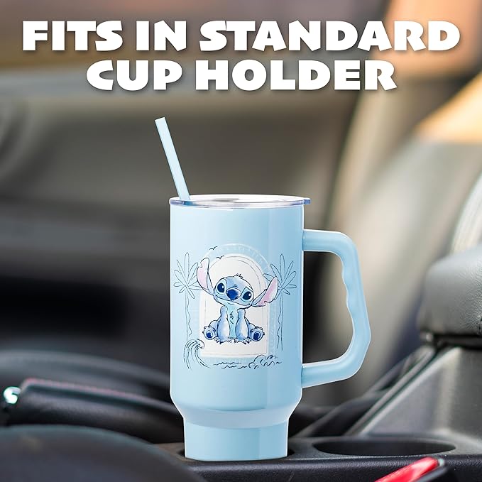Silver Buffalo Disney Lilo and Stitch Minimalistic Design Ocean and Tropical Stainless Steel Tumbler with Handle and Straw, Fits in Standard Cup Holder, 40 Ounces