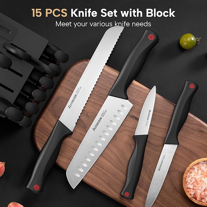 Astercook Knife Set, 15 Pieces Kitchen knives Set with Built-in Sharpener, High Carbon German Stainless Steel Chef Knife Block Sets, Sharp & Rust Resistant Dishwasher Safe, Black