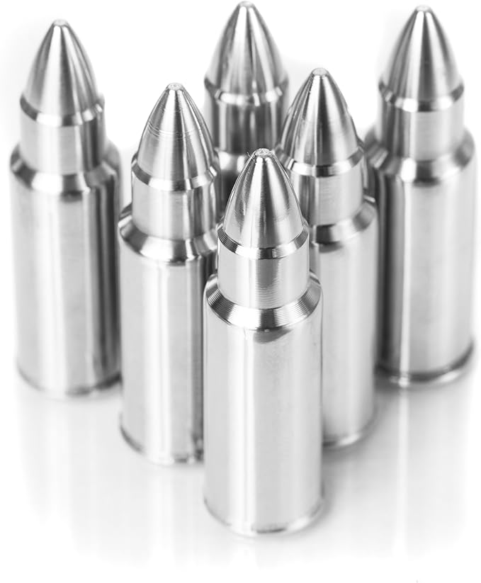 Bullet Whiskey Chillers Stones - Whiskey Rocks by The Wine Savant Set of 6 - Stainless Steel Bullet Shaped Ice Cubes, Gift Box Come, Tongs and Storage Bag, Whiskey or Scotch Rocks (Silver)