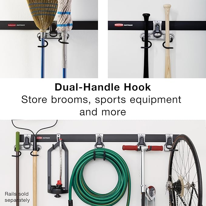 Rubbermaid FastTrack 2-Handle Hook (S Hook) Mounted Garage Storage and Space Saving Organization System Metallic Powder-Coated Steeel for Rakes/Brooms/Toys/Ladders