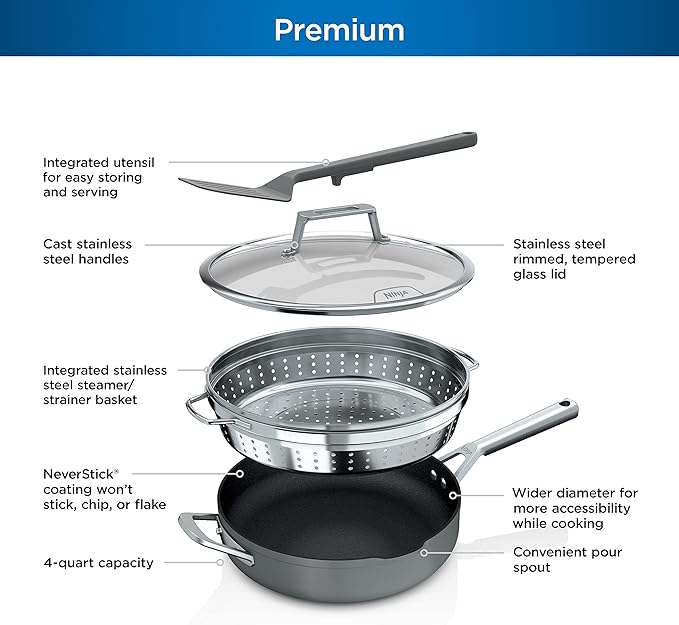 Ninja Foodi NeverStick 4 Quart Pan with Lid, Strainer, & Spatula, Oven Safe, Sea Salt Grey