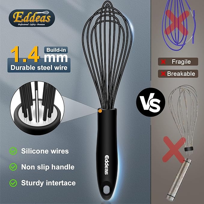 Silicone Whisk, Eddeas Stainless Steel & Silicone Non-Stick Coated Whisks set of 3-Heat Resistant Kitchen Whisks, Balloon Egg Beater Perfect for Blending, Whisking, Beating & Stirring, Black