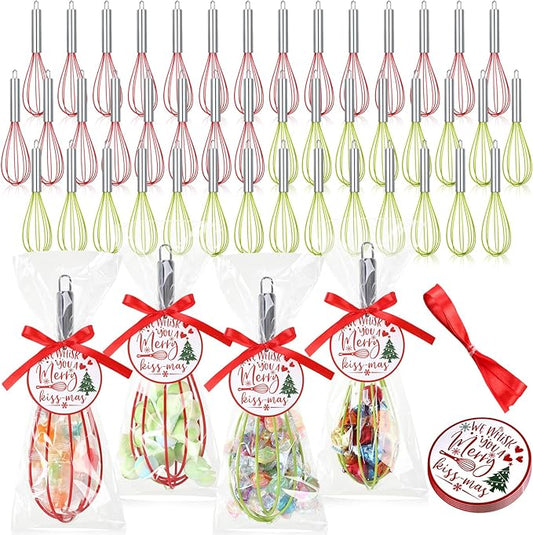 48 Sets 8 Inch Whisks Bulk DIY Fillable Whisks Gifts Set Colored Silicone Whisks for Cooking Heat Resistant Egg Beaters with Card Rope Bag for Candy Holder