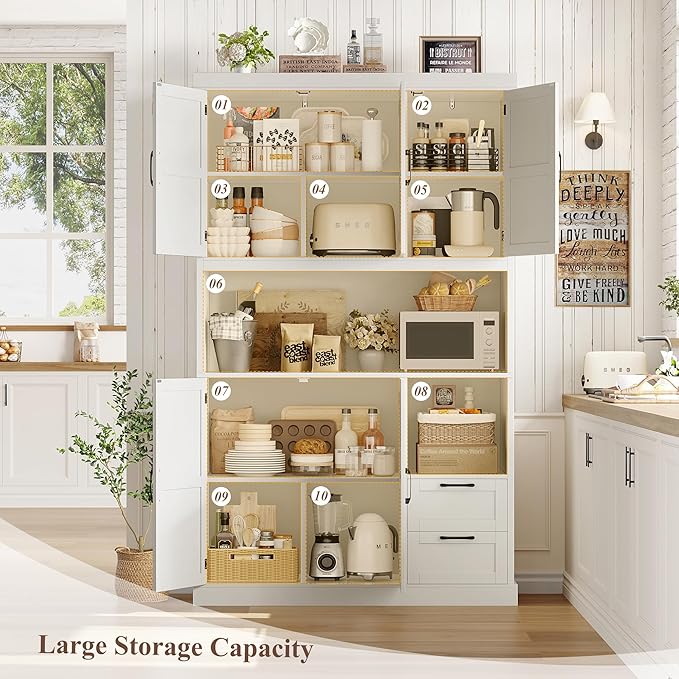 HOSTACK 76" Tall Kitchen Pantry Storage Cabinet, Farmhouse Kitchen Hutch Cabinet with Microwave Stand, 47" Wide Food Pantry with Drawers and Shelves, Large Coffee Bar Station for Dining Room, White